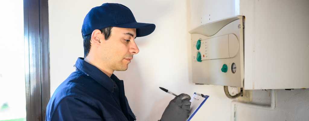 a male engineer with a cap on filling in a boiler service form