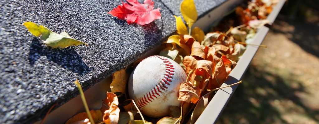 a gutter full of leaves and a baseball