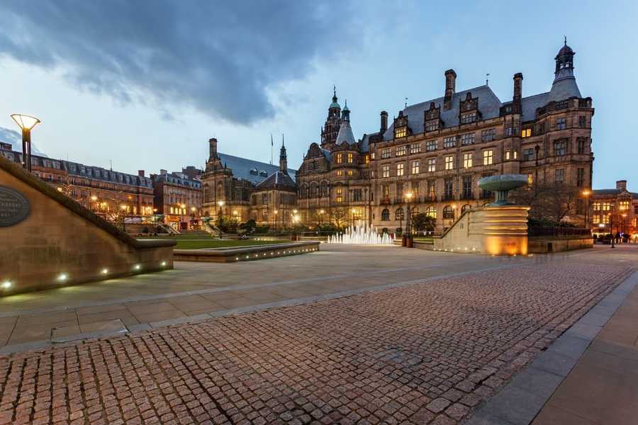 Sheffield Town Hall With Lights and Water Fountain On
