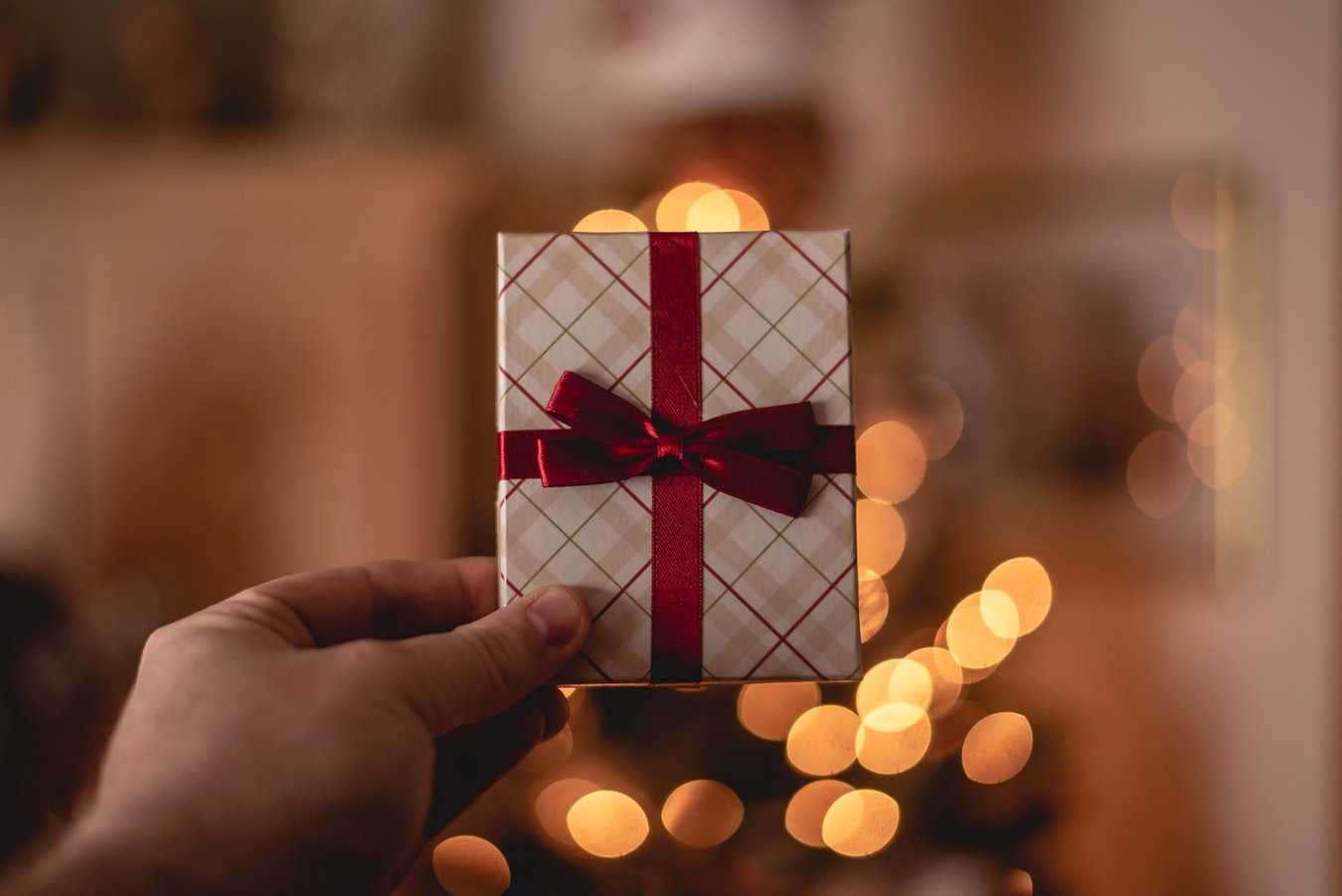 Christmas Present Being Held up in Front of A Tree