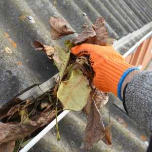 a person with an orange glove removing the leaves from their gutter