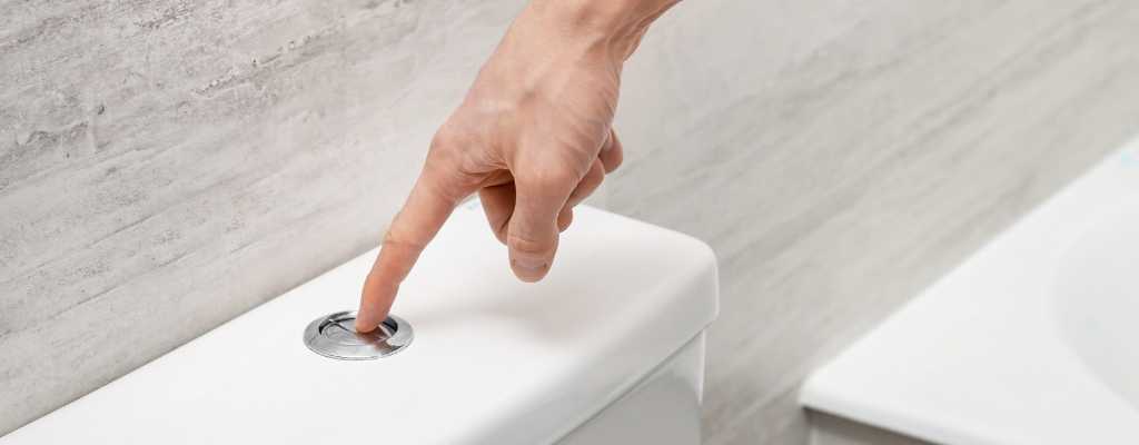 hand pushing the flush button on a toilet