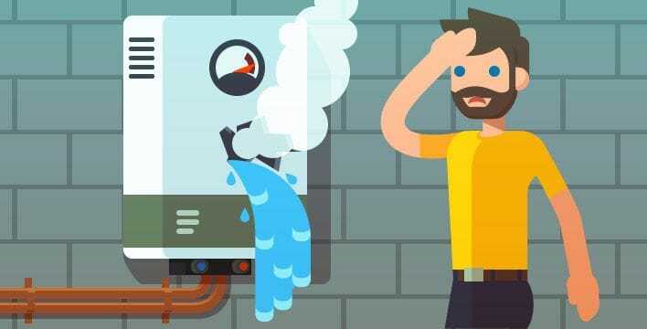 Cartoon Man Looking Concerned at A Leaking Boiler